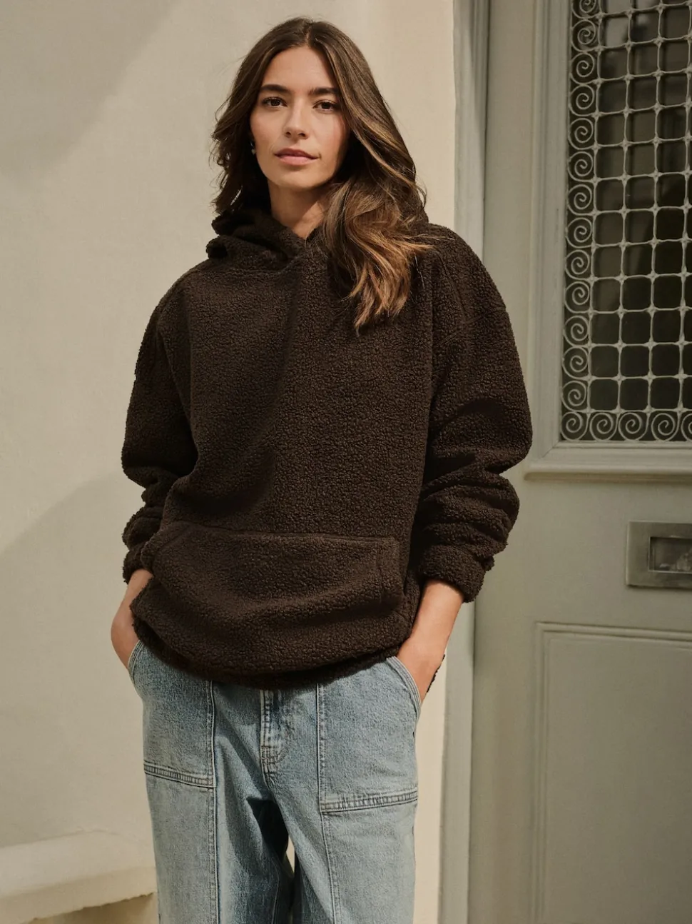 Marron chocolat - Sweat-shirt à capuche doux Borg à manches longues