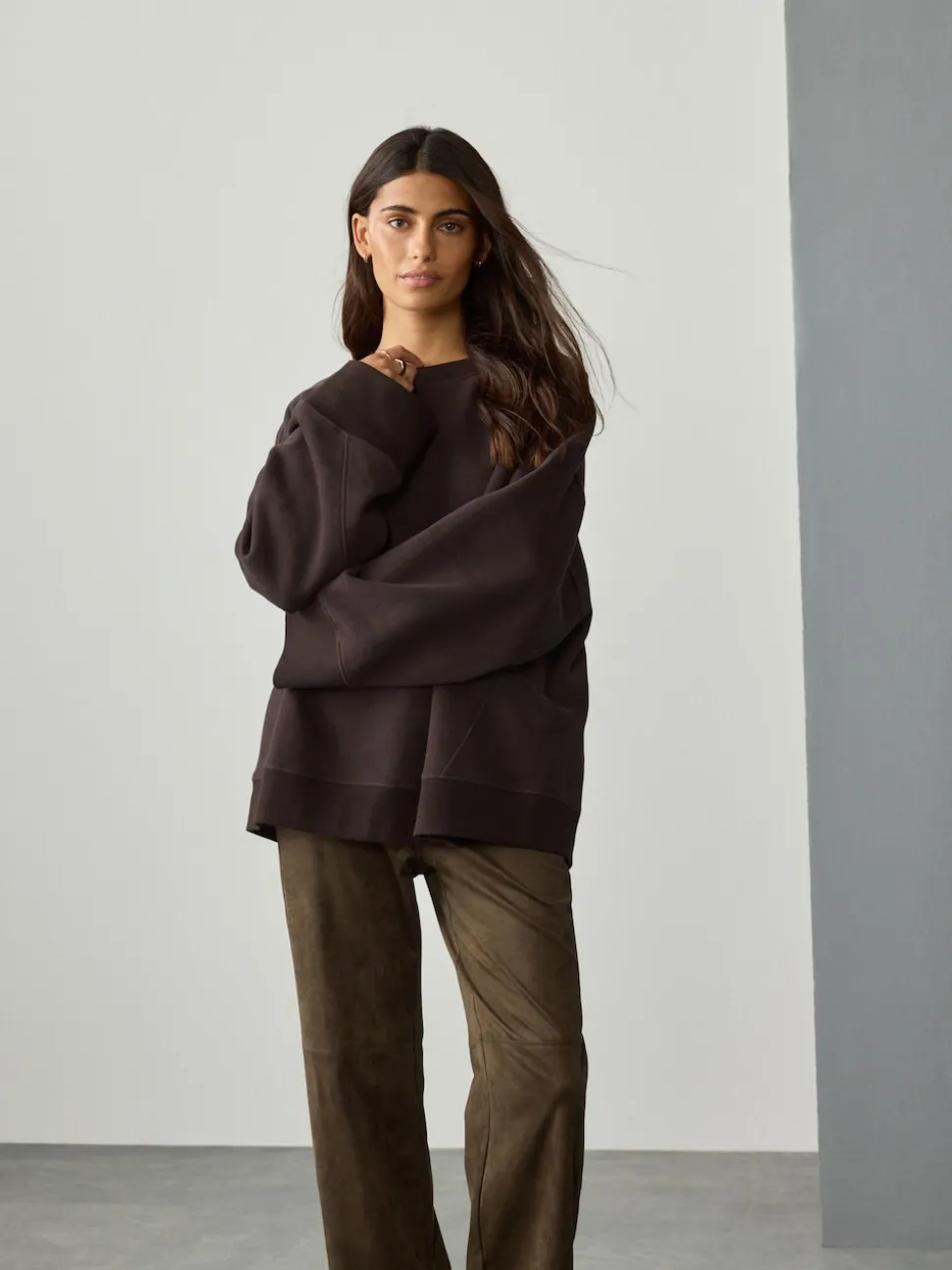 Marron chocolat - Sweat-shirt côtelé à manches longues et col rond surélevé