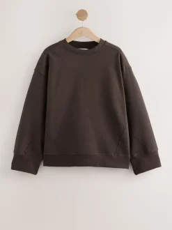 Marron chocolat - Sweat-shirt côtelé à manches longues et col rond surélevé