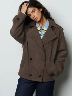Marron chocolat - Trench raccourci en faux daim