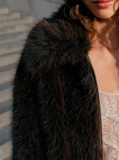 Marron chocolat - Veste zippée en fausse fourrure