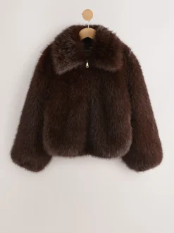 Marron chocolat - Veste zippée en fausse fourrure
