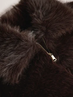 Marron chocolat - Veste zippée en fausse fourrure