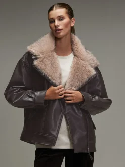 Marron chocolat - Vestes bomber en PU avec bordure en fausse fourrure