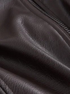 Marron chocolat - Vestes bomber en PU avec bordure en fausse fourrure