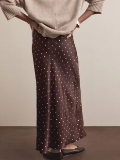 Marron chocolat/Cream à pois - Jupe Midi Satin