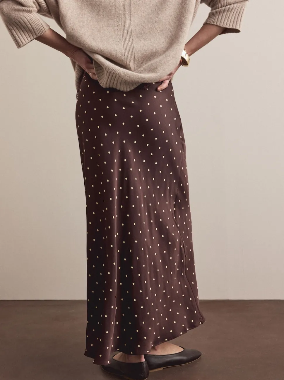 Marron chocolat/Cream à pois - Jupe Midi Satin