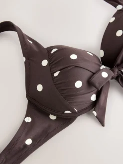 Marron chocolat/crème à pois - Haut de bikini rembourré à armatures avec nœud sur le devant