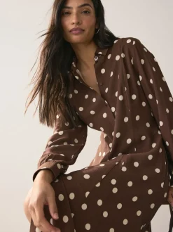 Marron chocolat/écru à pois - Robe chemise imprimée à manches longues
