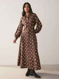 Marron chocolat/écru à pois - Robe chemise imprimée à manches longues