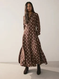 Marron chocolat/écru à pois - Robe chemise imprimée à manches longues