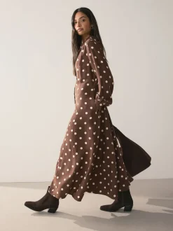 Marron chocolat/écru à pois - Robe chemise imprimée à manches longues