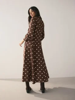 Marron chocolat/écru à pois - Robe chemise imprimée à manches longues