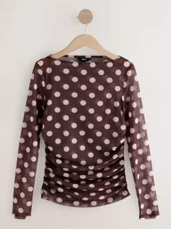 Marron chocolat/rose à pois - Haut en maille latérale froncée à manches longues
