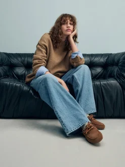 Marron fauve - Chaussures bateau en cuir à bout rond