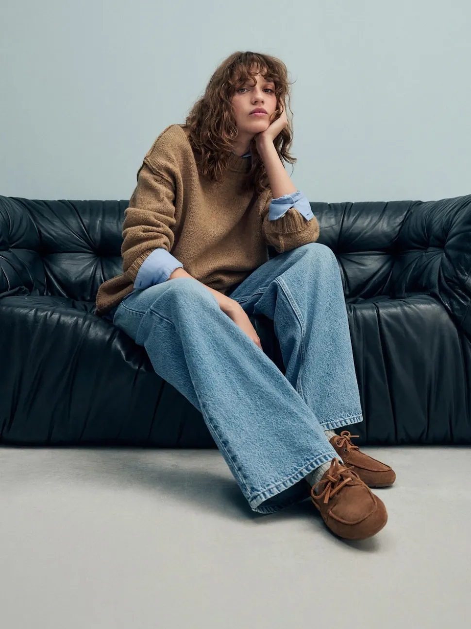Marron fauve - Chaussures bateau en cuir à bout rond