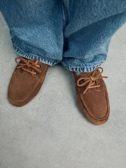 Marron fauve - Chaussures bateau en cuir à bout rond