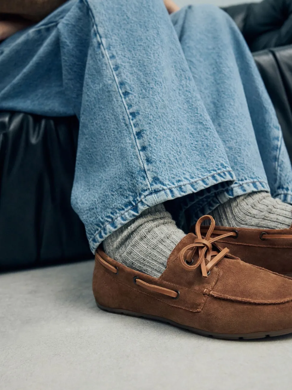 Marron fauve - Chaussures bateau en cuir à bout rond