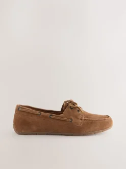 Marron fauve - Chaussures bateau en cuir à bout rond