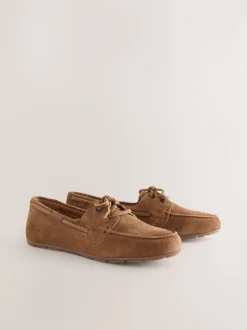 Marron fauve - Chaussures bateau en cuir à bout rond