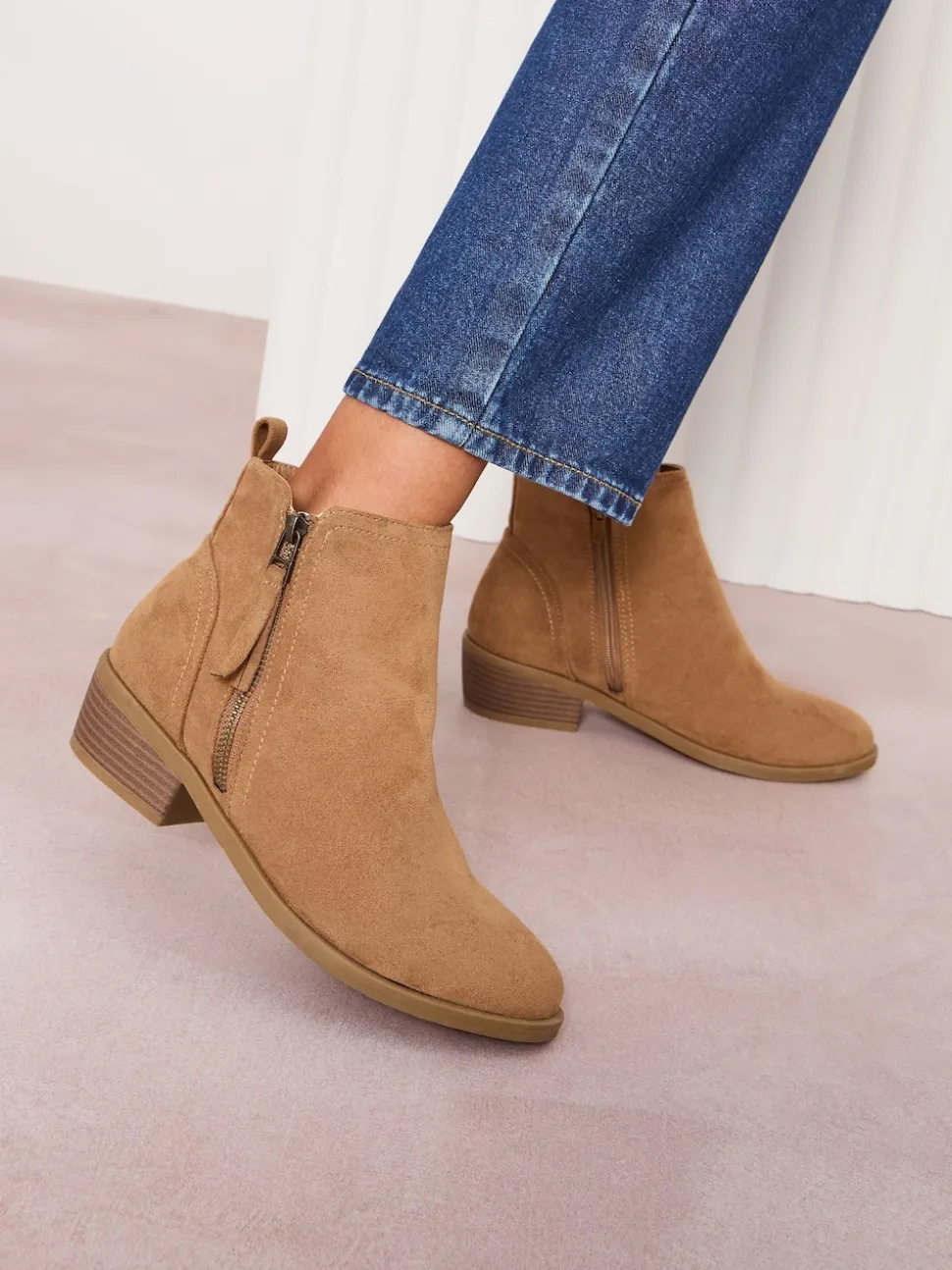 Marron fauve - Friends Like These Mid Block talons Side Zip Faux suède Cuban Bottes