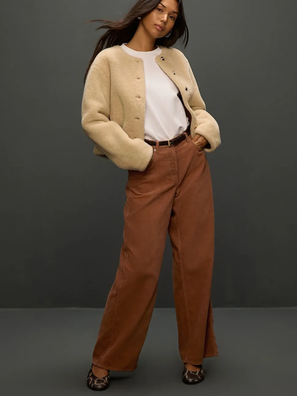 Marron fauve - Pantalon large en velours côtelé