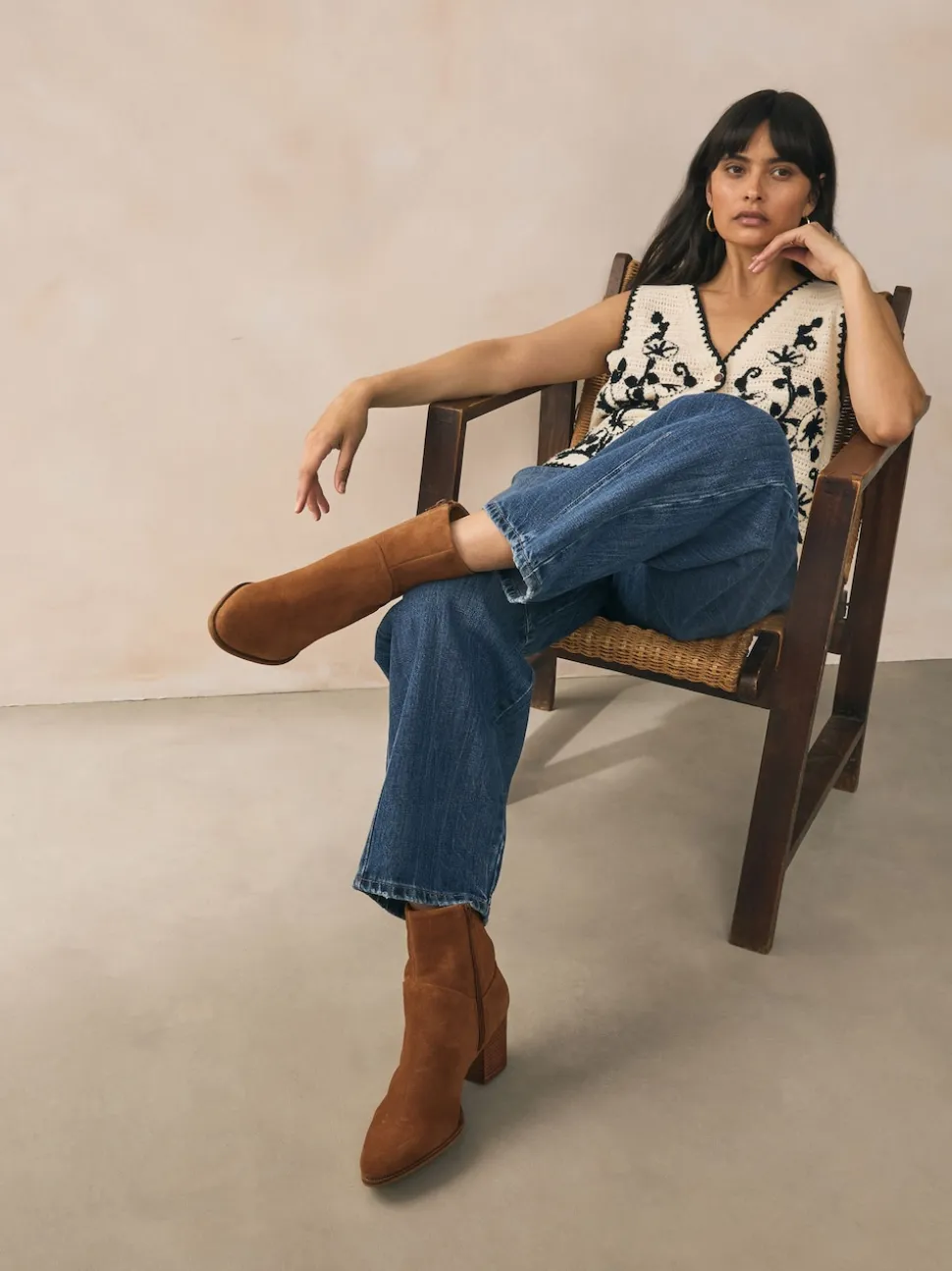 Marron fauve en daim - Bottines western à talons carrés