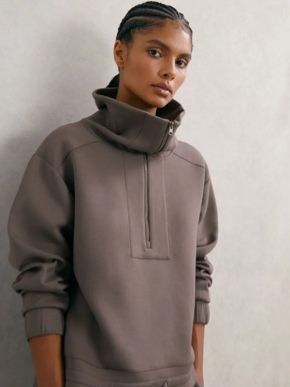 Marron taupe - Sweat-shirt Reiss Laney Premium en interlock à col zippé