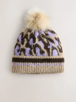 Motif animal lilas - Chapeau de Pom tricoté