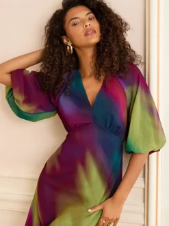 Multicolore effet dégradé - Love & Roses Robe mi-longue imprimée à manches bouffantes et col en V