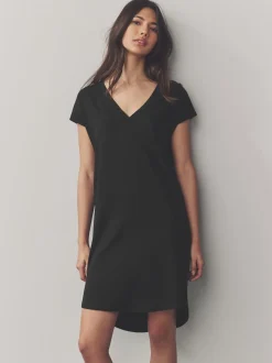 Noir - 100% coton Mancherons Col en V Mini robe