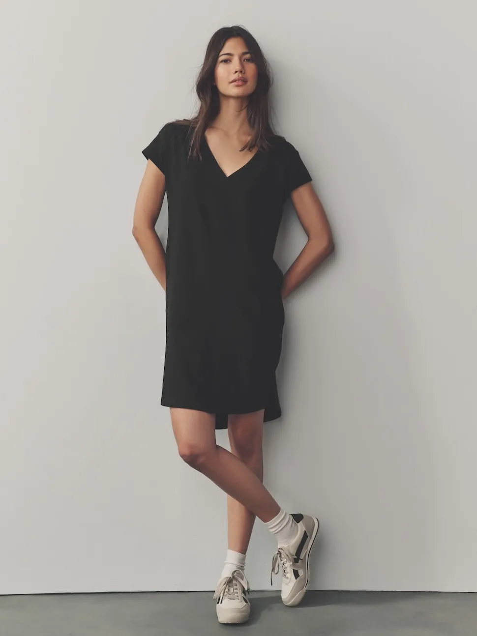 Noir - 100% coton Mancherons Col en V Mini robe