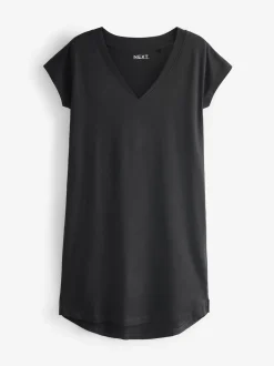 Noir - 100% coton Mancherons Col en V Mini robe