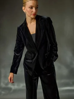 Noir - Blazer Roman en velours à simple boutonnage