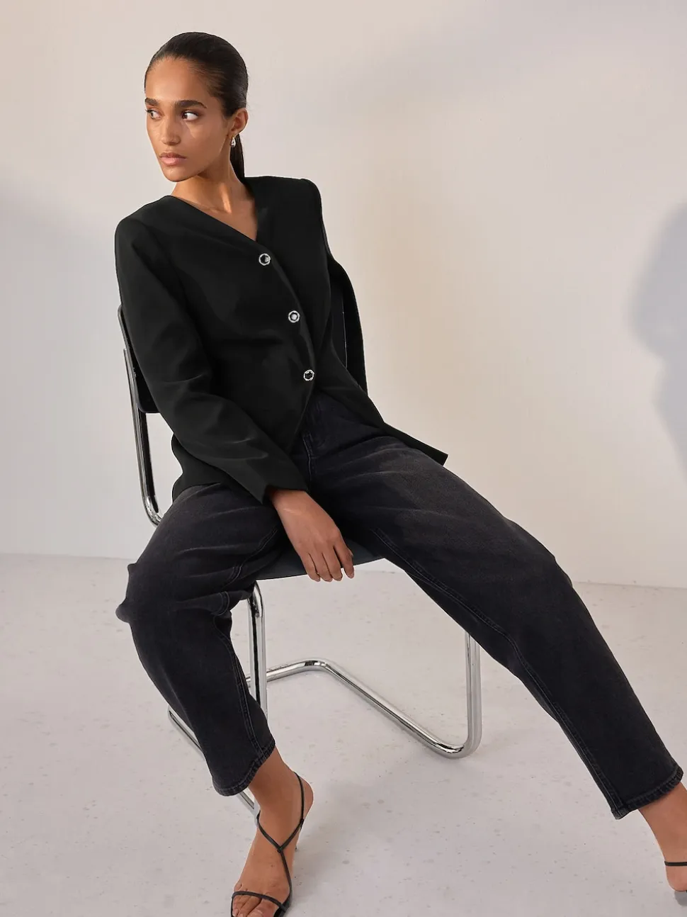 Noir - Blazer sans col en V