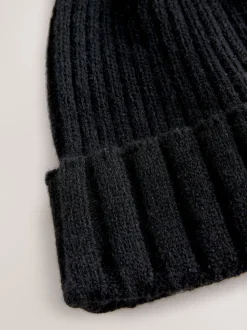 Noir - Bonnet à pompon en maille côtelée