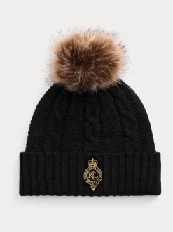 Noir - Bonnet Lauren Ralph Lauren en maille torsadée à pompons avec écusson
