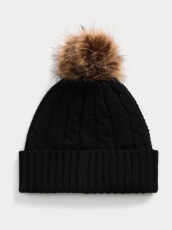 Noir - Bonnet Lauren Ralph Lauren en maille torsadée à pompons avec écusson