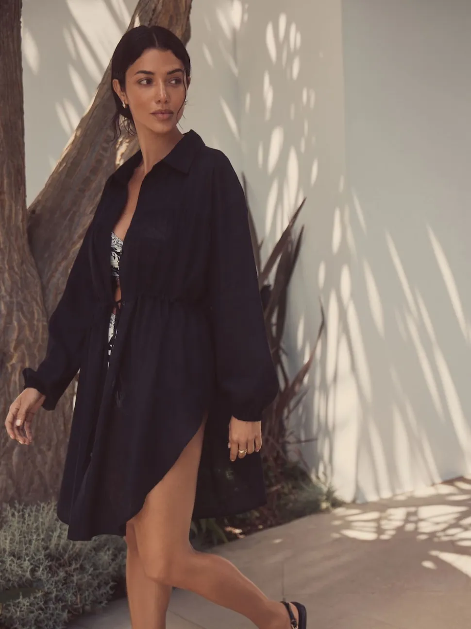 Noir - Caftan à taille froncée avec lin