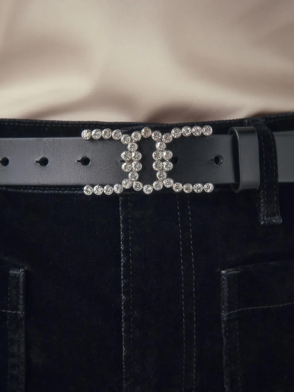 Noir - Ceinture en Cuir classique à boucle Diamante Statement