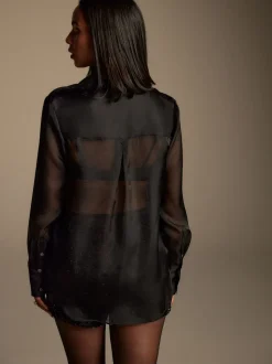 Noir - Chemise transparente à manches longues