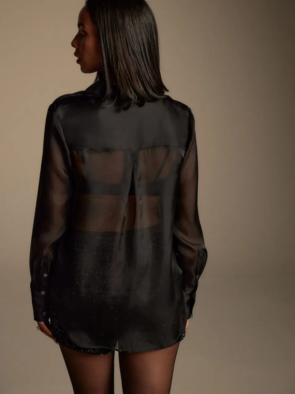 Noir - Chemise transparente à manches longues