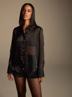 Noir - Chemise transparente à manches longues