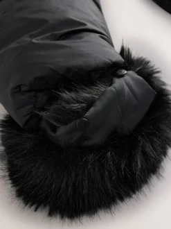 Noir - Doudounes courtes avec capuche et poignets bordés de fausse fourrure