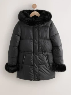Noir - Doudounes courtes avec capuche et poignets bordés de fausse fourrure