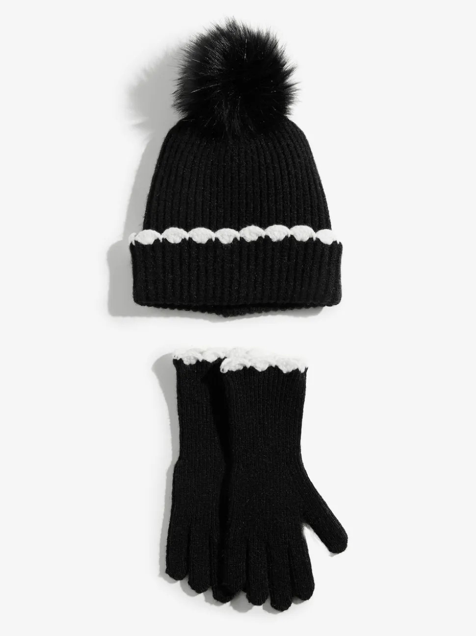 Noir - Ensemble bonnet et Gants Love & Roses à pompon côtelé bordé de pétoncles