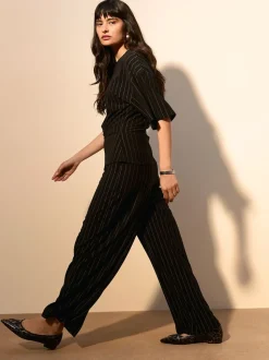 Noir à fines rayures - Pantalons à jambe large à taille