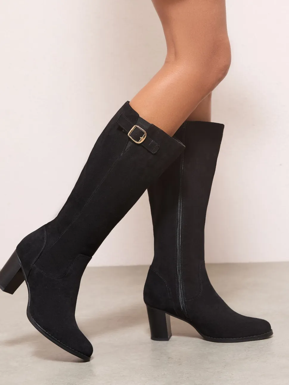 Noir - Friends Like These Bottes Coupe large en Faux suède à talon Milieu Boucle élégantes jusqu’au genou