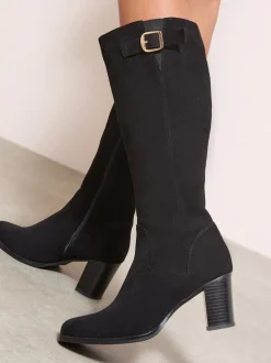 Noir - Friends Like These Bottes Coupe large en Faux suède à talon Milieu Boucle élégantes jusqu’au genou