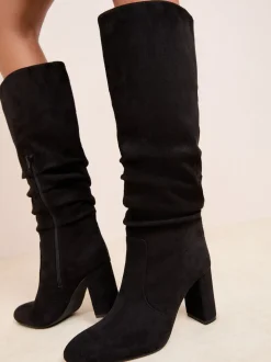 Noir - Friends Like These Bottes hautes longues en faux daim à talon carré froncé
